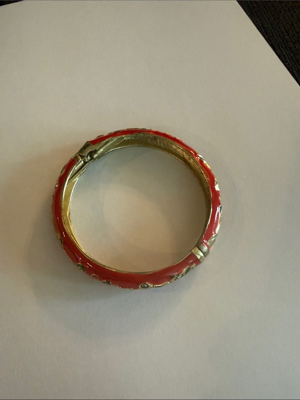 Gold-Tone Red Enamel Hinged Bangle Bracelet